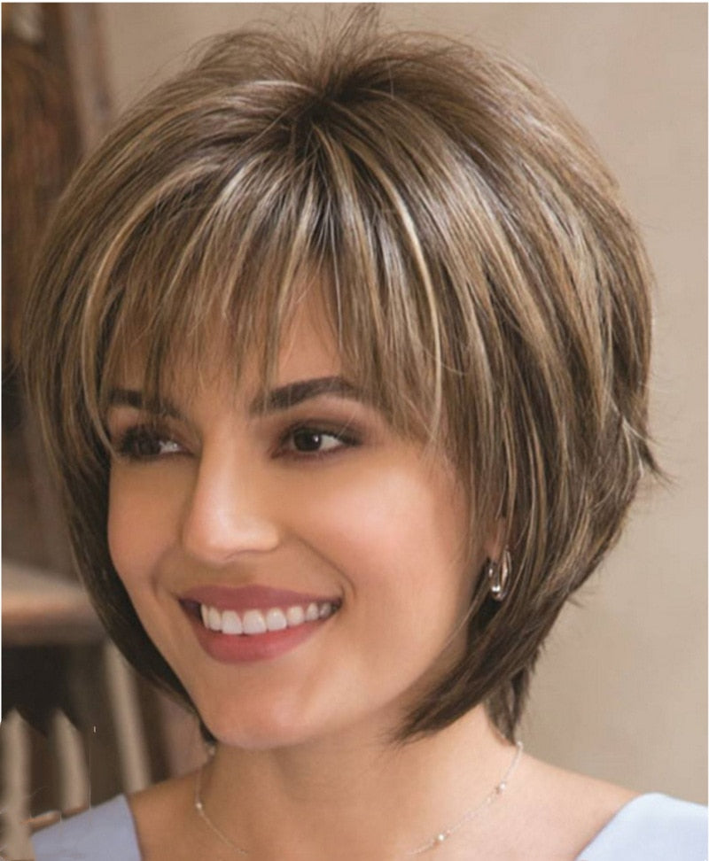 Pelucas cortas mixtas de rubio y marrón, pelucas de cabello natural, peluca de cabello resistente al calor 