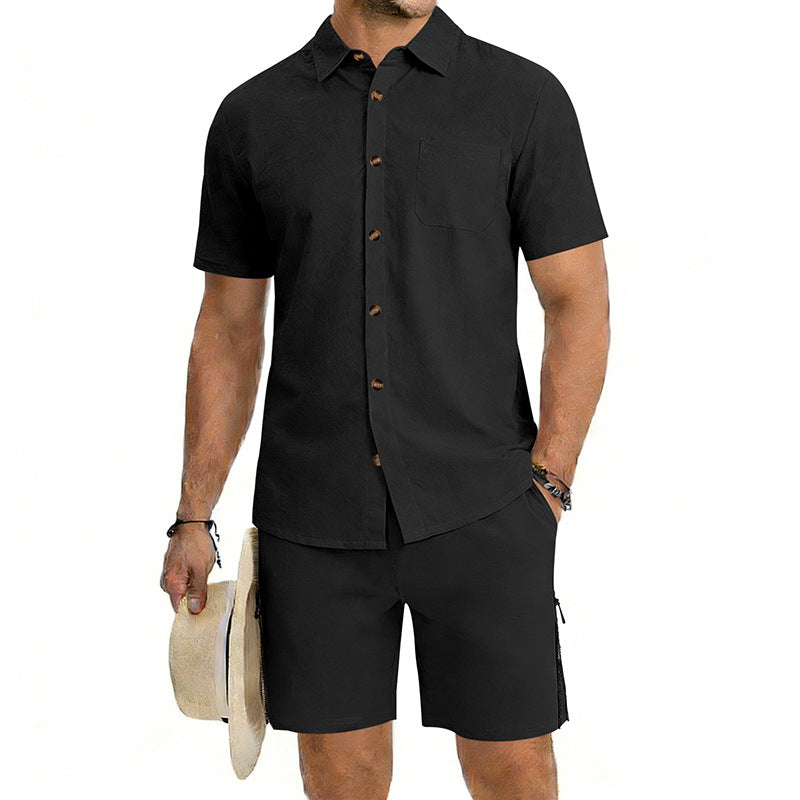 Mens Short-Sleeve Button-Down Shirt Drawstring Shorts Two-Piece Set