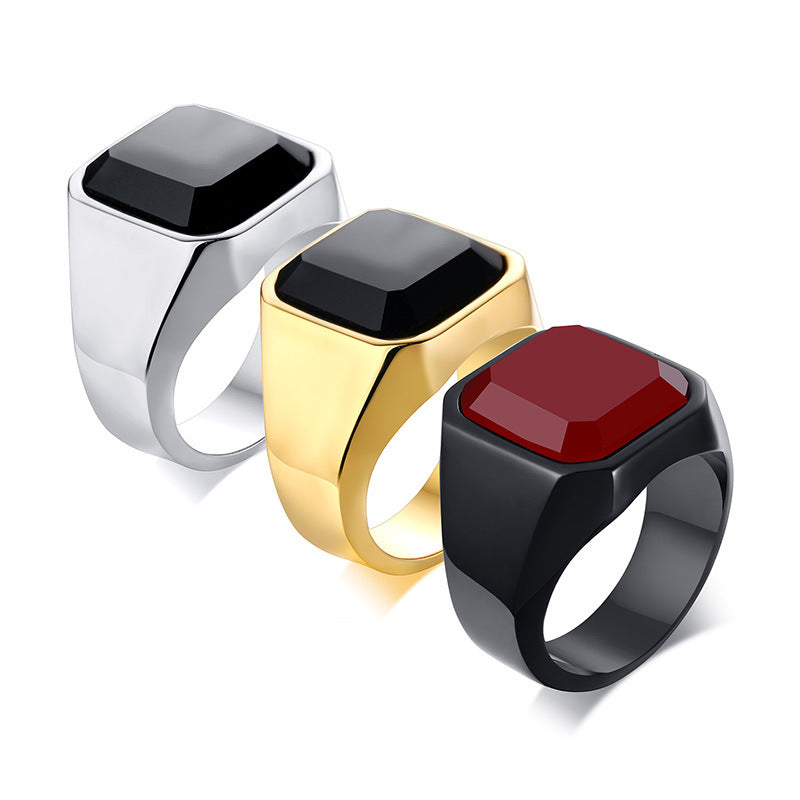 Anillo de ágata negra de acero inoxidable para hombre