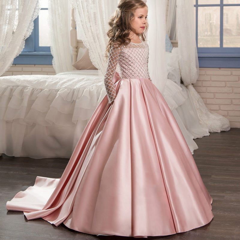 Vestido de malla de manga larga con cola para niña
