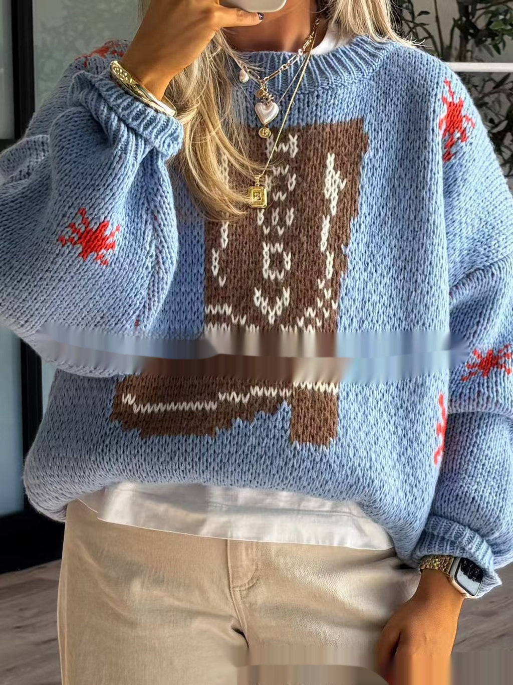 Christmas Boots Crew Neck Long Sleeve Midi Womens Knit Sweater