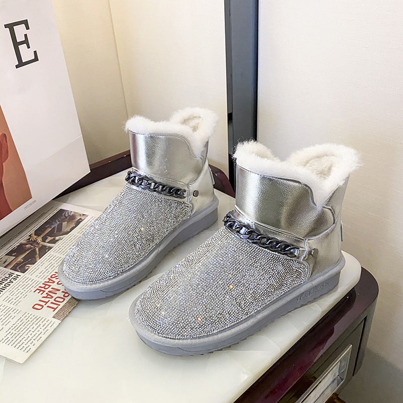 Botas de nieve gruesas de piel y terciopelo para mujer