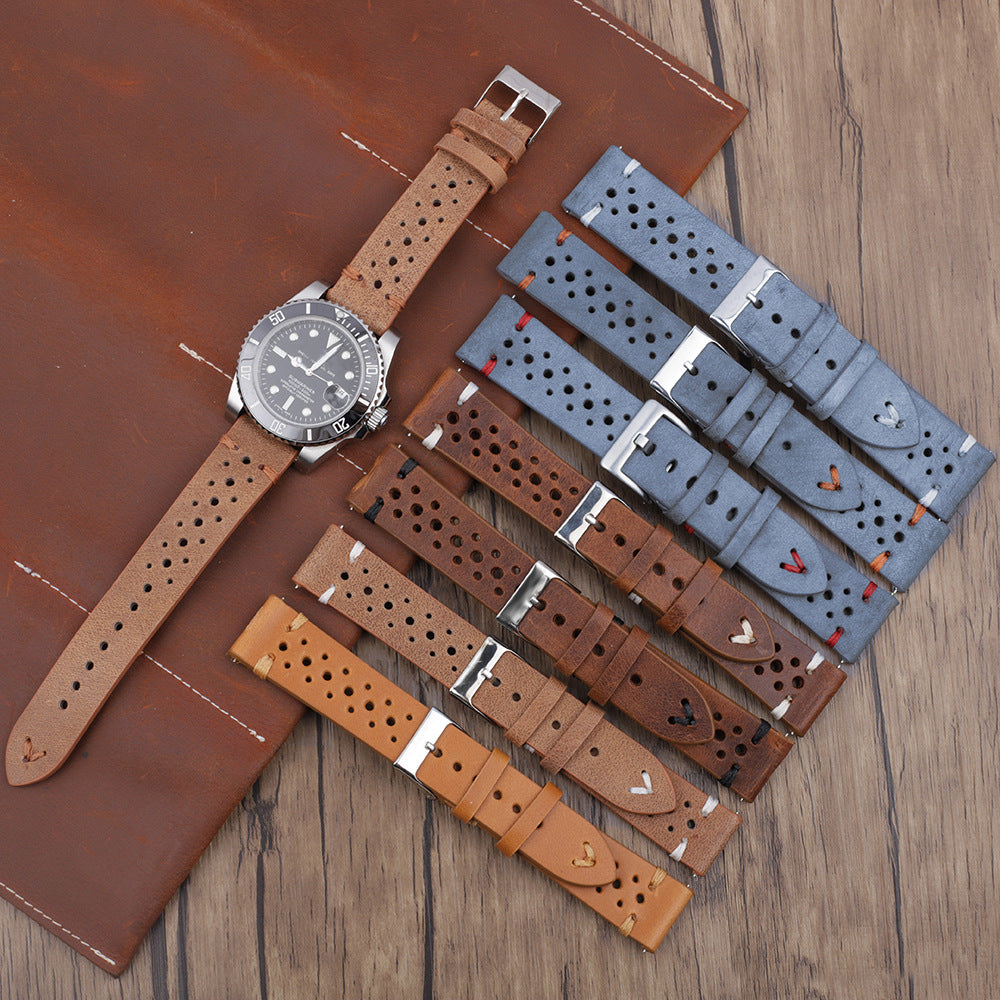 Correa de reloj de cuero con costuras multiagujeros en color gris azulado