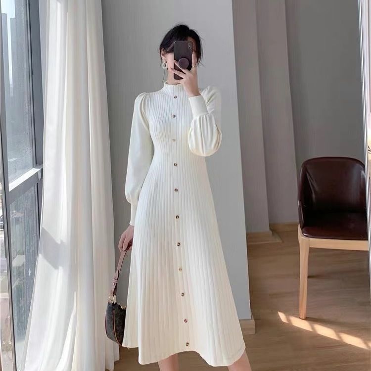 Vestido de punto de manga larga con cuello alto para otoño e invierno
