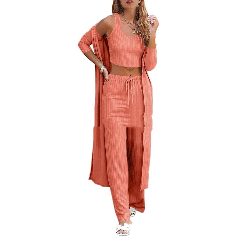 Conjunto de ropa de estar por casa para mujer de tres piezas: chaleco, pantalón y bata