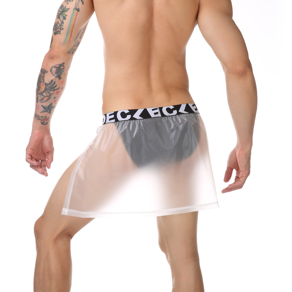 Minifalda de PVC transparente para hombre, dos piezas, sexy, con abertura lateral