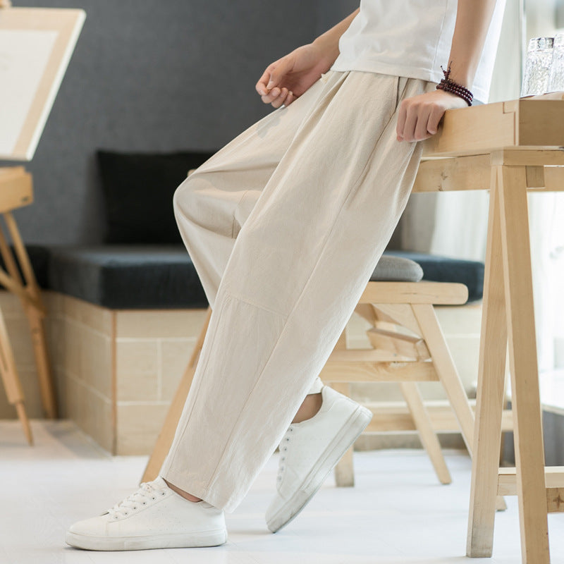 Pantalones casuales de corte recto y holgados de algodón y lino para hombre