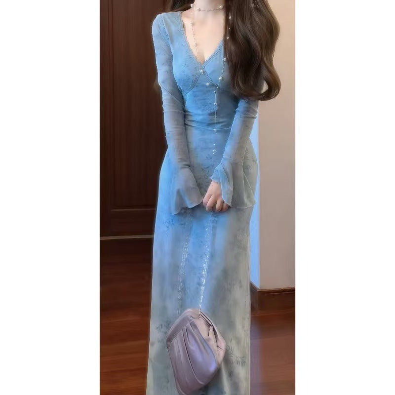 French-style Gentle Elegant Blue Tie-Dye V-neck Dress For Women
