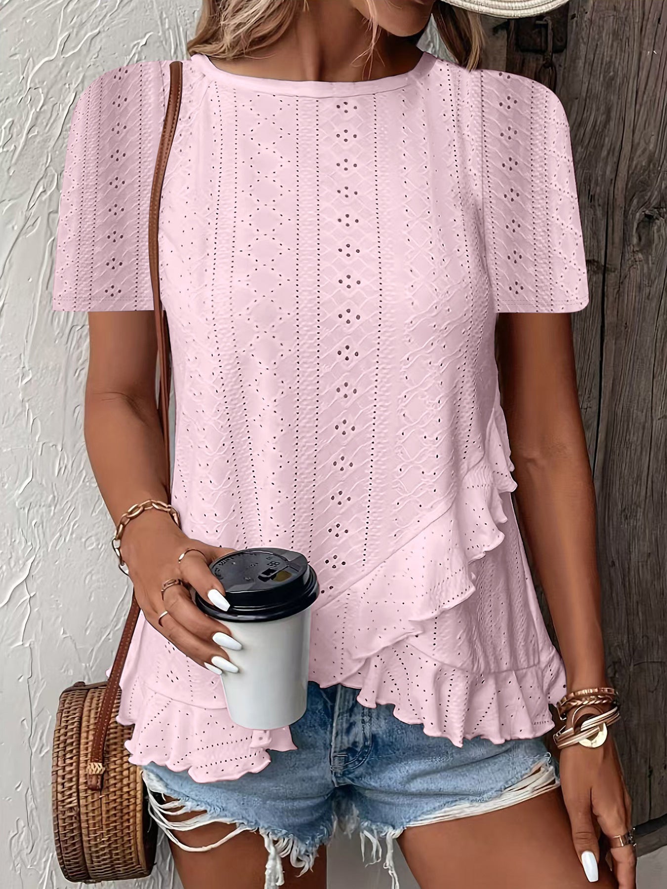 Womens Fashion Casual Solid-color Short-sleeve Crew Neck