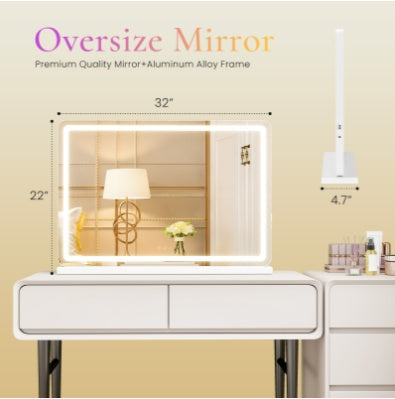 Espejo de tocador con luces LED, espejo de maquillaje con 3 modos de color regulables, control táctil, espejo de tocador de escritorio cuadrado blanco.