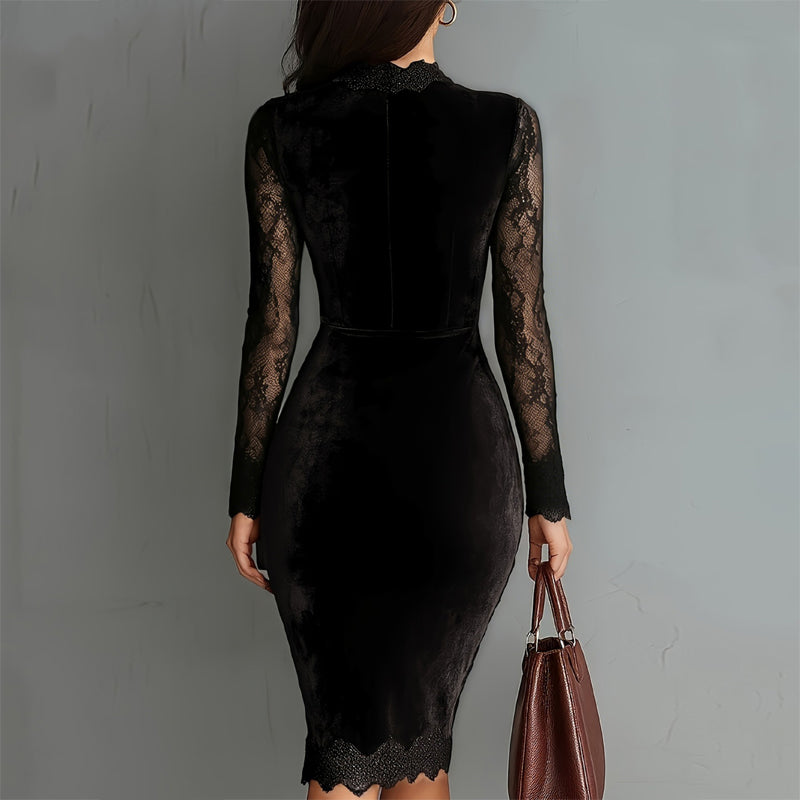 Women's Solid Color Sexy Lace Trim Bodycon Midi Dress, Long Sleeve Party Dress For Spring Autumn Evenings