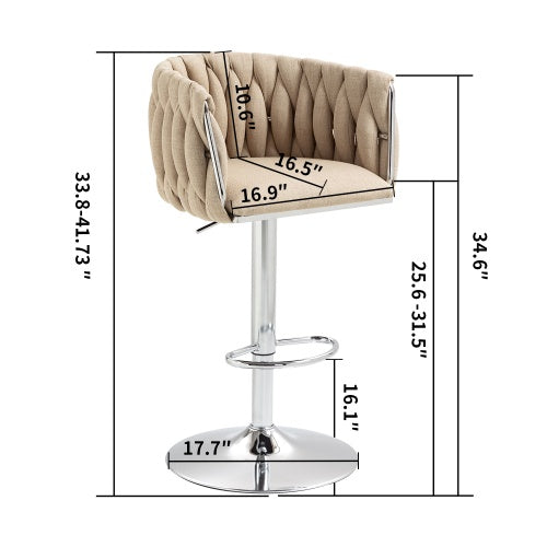 360 Fabric Cover Swivel Bar Stools Set Of 2, Adjustable Counter Height Bar Chairs With Woven Back & Footrest, Silver Chromed Bar Stools For Kitchen Island, Cafe, Pub