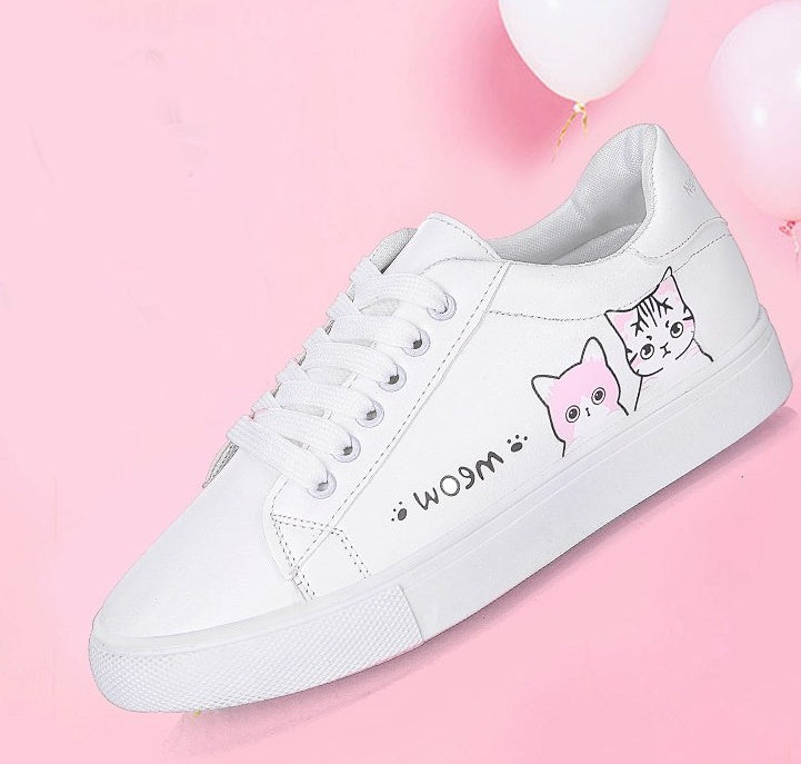 Printed casual shoes women's pu shoes cute cat new fashion lace women's white sports shoes women's casual shoes