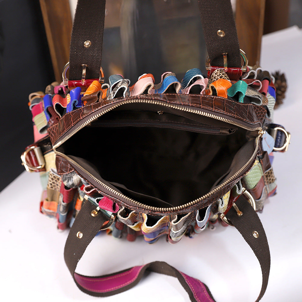 Bolso tote de hombro tejido de piel de vaca de gran capacidad para mujer