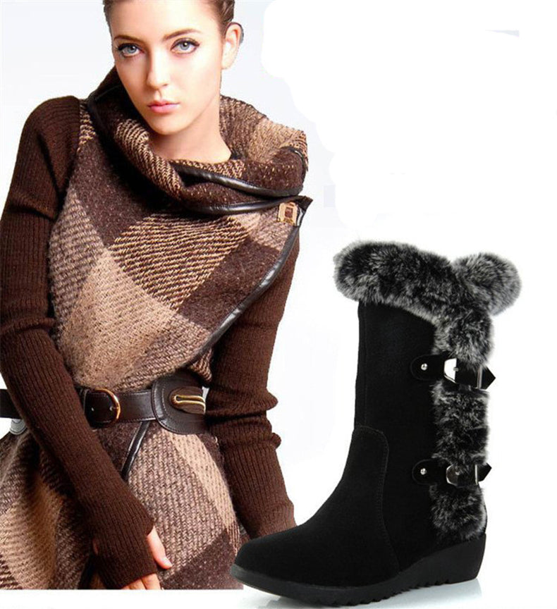 Botas de nieve de media pantorrilla de piel sintética de felpa para mujer
