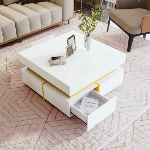 Mesa de centro, mesa de salón de alto brillo, mesa auxiliar con cajones y detalles dorados