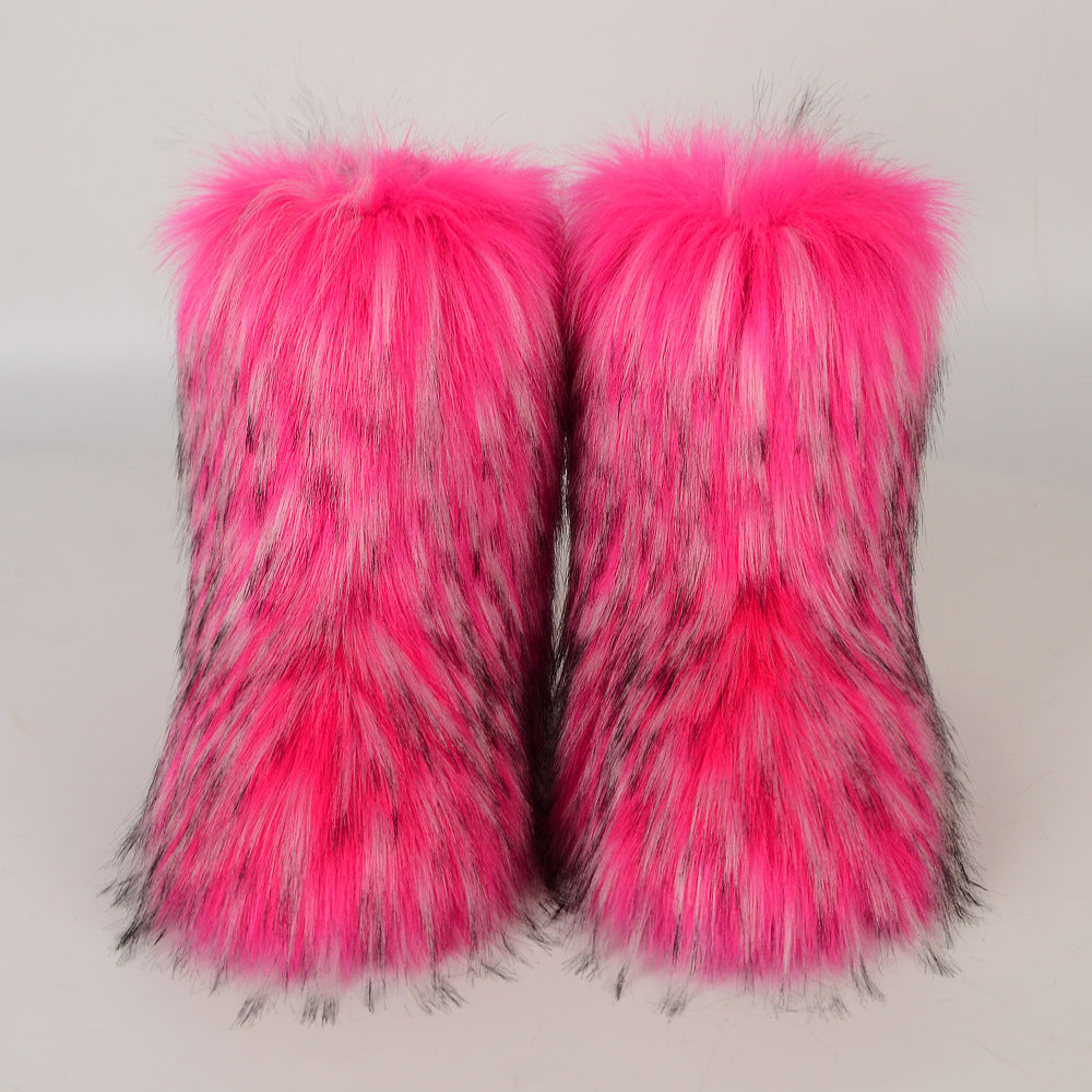 Botas de nieve de invierno con imitación de piel de mapache integrada para mujer, zapatos mullidos, botas de media caña para exteriores