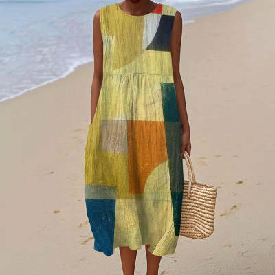 Vestido de mujer con cuello redondo y estampado de patchwork