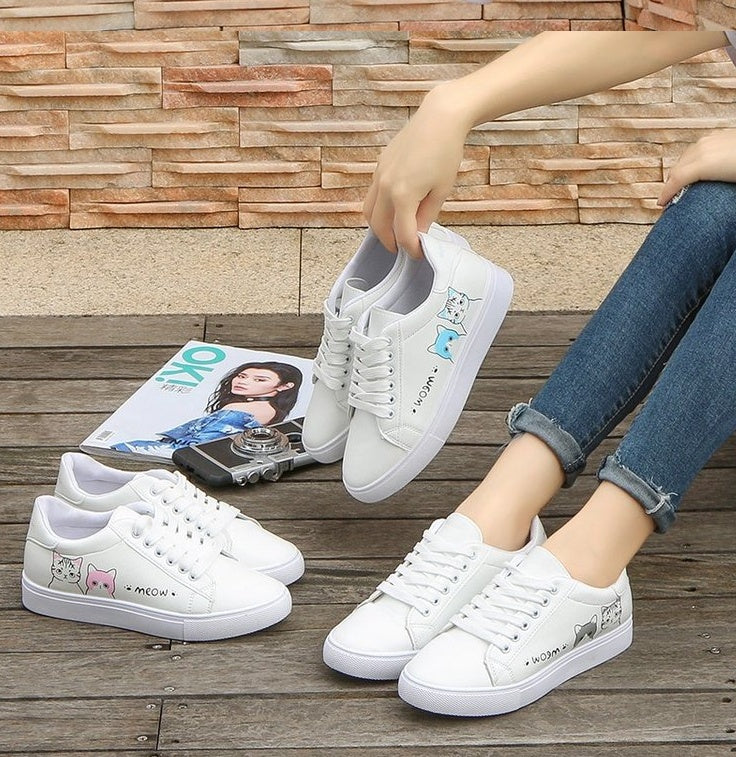 Printed casual shoes women's pu shoes cute cat new fashion lace women's white sports shoes women's casual shoes
