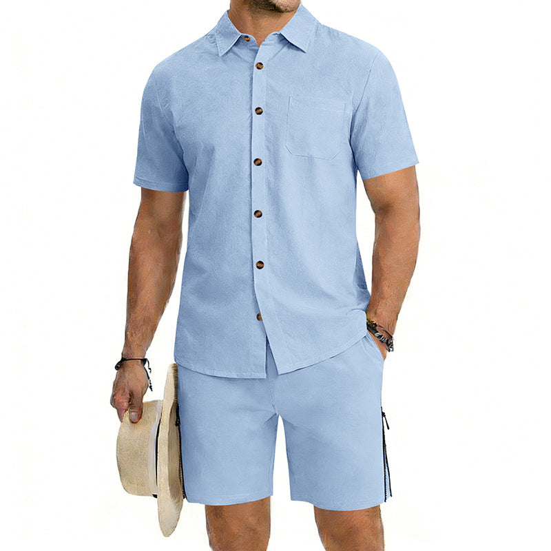 Mens Short-Sleeve Button-Down Shirt Drawstring Shorts Two-Piece Set