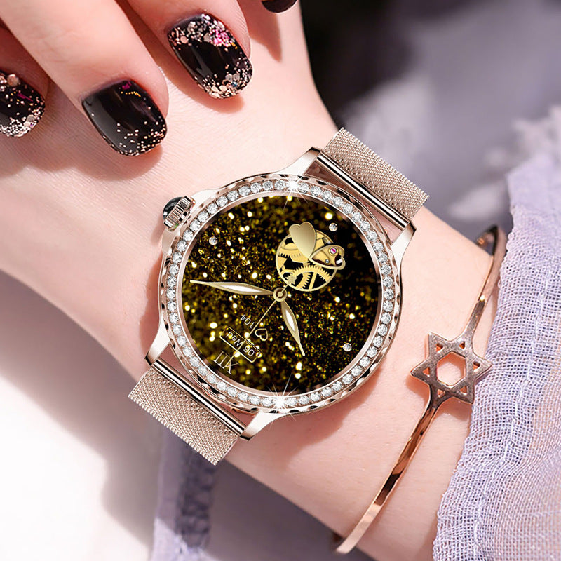 Pulsera inteligente de fitness con llamadas Bluetooth, resistente al agua y detalles de diamantes.