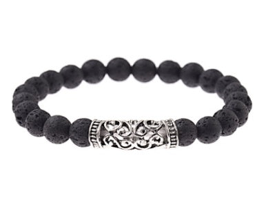 Pulsera de piedra de pino blanca con accesorios cilíndricos de aleación de color plomo y piedra volcánica estilo chino