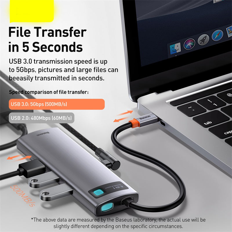 Estación de acoplamiento multifunción Type-C Hub con brillo metálico, 4K HD, USB para portátil 6 en 1