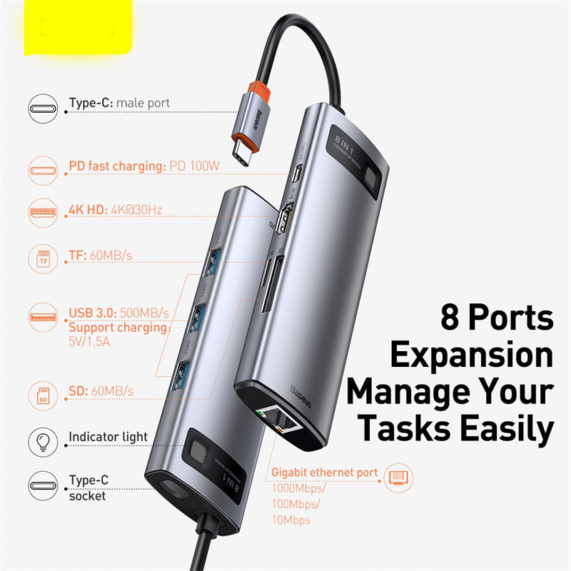 Estación de acoplamiento multifunción Type-C Hub con brillo metálico, 4K HD, USB para portátil 6 en 1