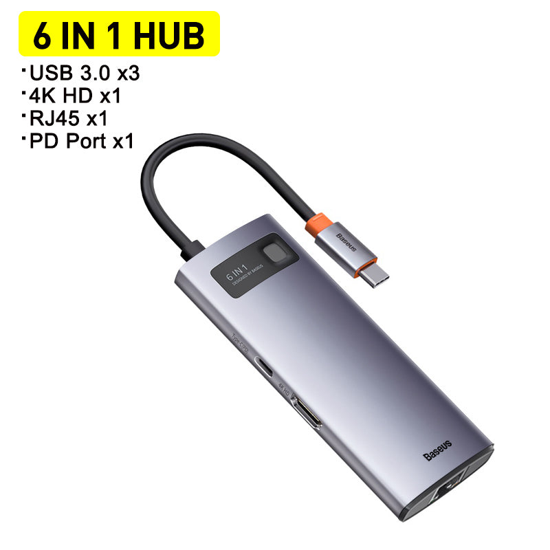 Estación de acoplamiento multifunción Type-C Hub con brillo metálico, 4K HD, USB para portátil 6 en 1