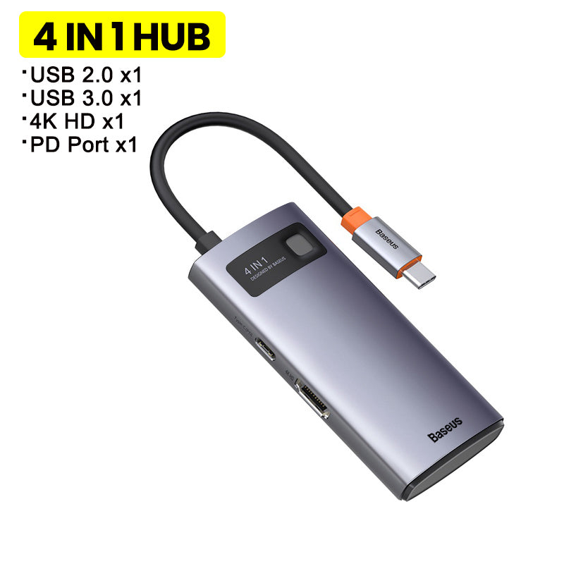 Estación de acoplamiento multifunción Type-C Hub con brillo metálico, 4K HD, USB para portátil 6 en 1