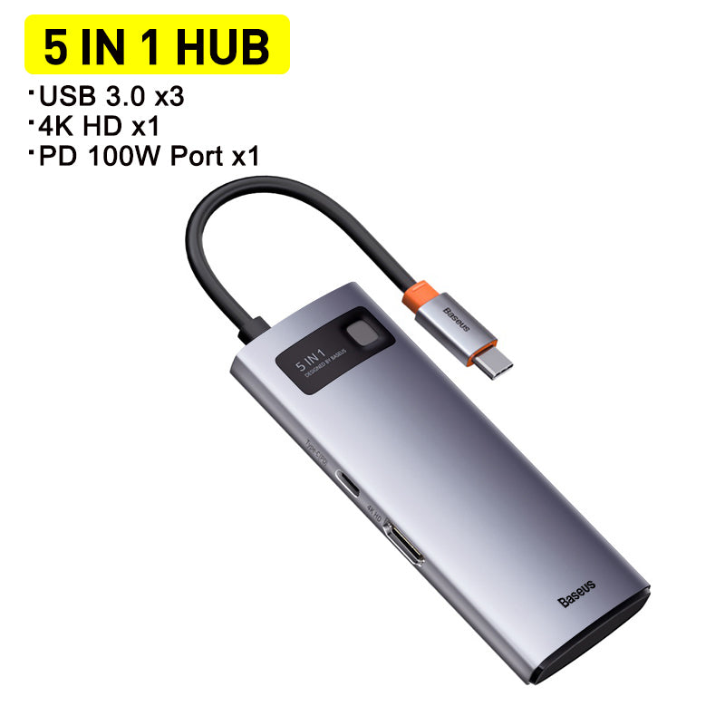 Estación de acoplamiento multifunción Type-C Hub con brillo metálico, 4K HD, USB para portátil 6 en 1