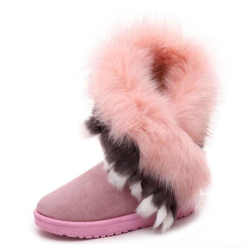 Botas de nieve de piel de zorro de gran tamaño con suela gruesa y antideslizantes, con borlas de piel de conejo, para mujer