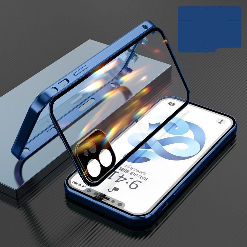 Compatible con Apple, carcasa de teléfono móvil con marco de metal y hebilla de vidrio de doble cara.