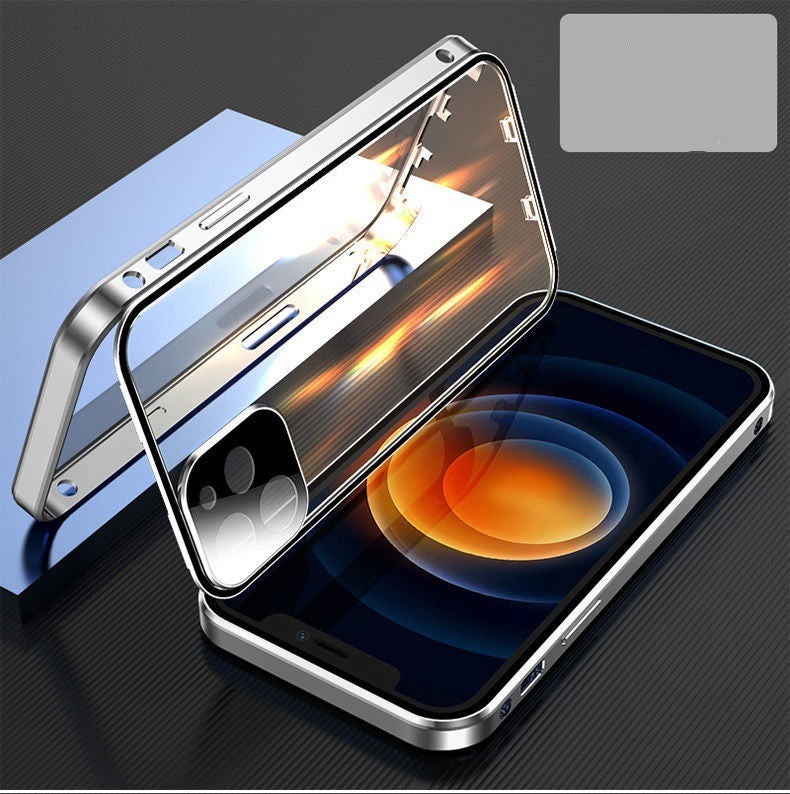 Compatible con Apple, carcasa de teléfono móvil con marco de metal y hebilla de vidrio de doble cara.