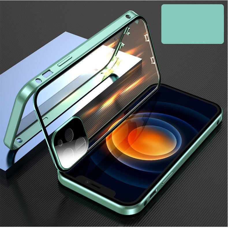 Compatible con Apple, carcasa de teléfono móvil con marco de metal y hebilla de vidrio de doble cara.