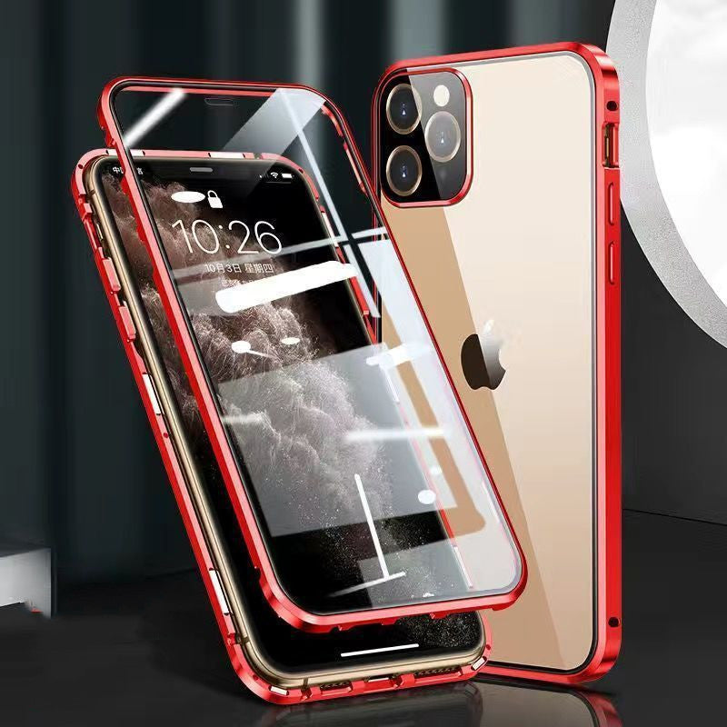 Compatible con Apple, carcasa de teléfono móvil con marco de metal y hebilla de vidrio de doble cara.