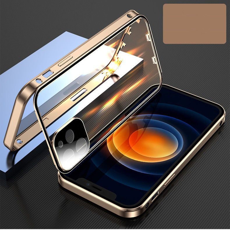 Compatible con Apple, carcasa de teléfono móvil con marco de metal y hebilla de vidrio de doble cara.
