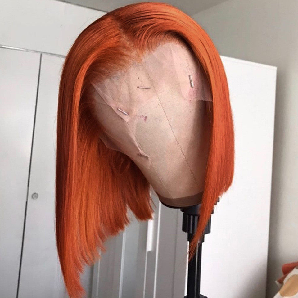 Peluca de cabello humano con degradado, color naranja, con encaje frontal y corte bob corto.