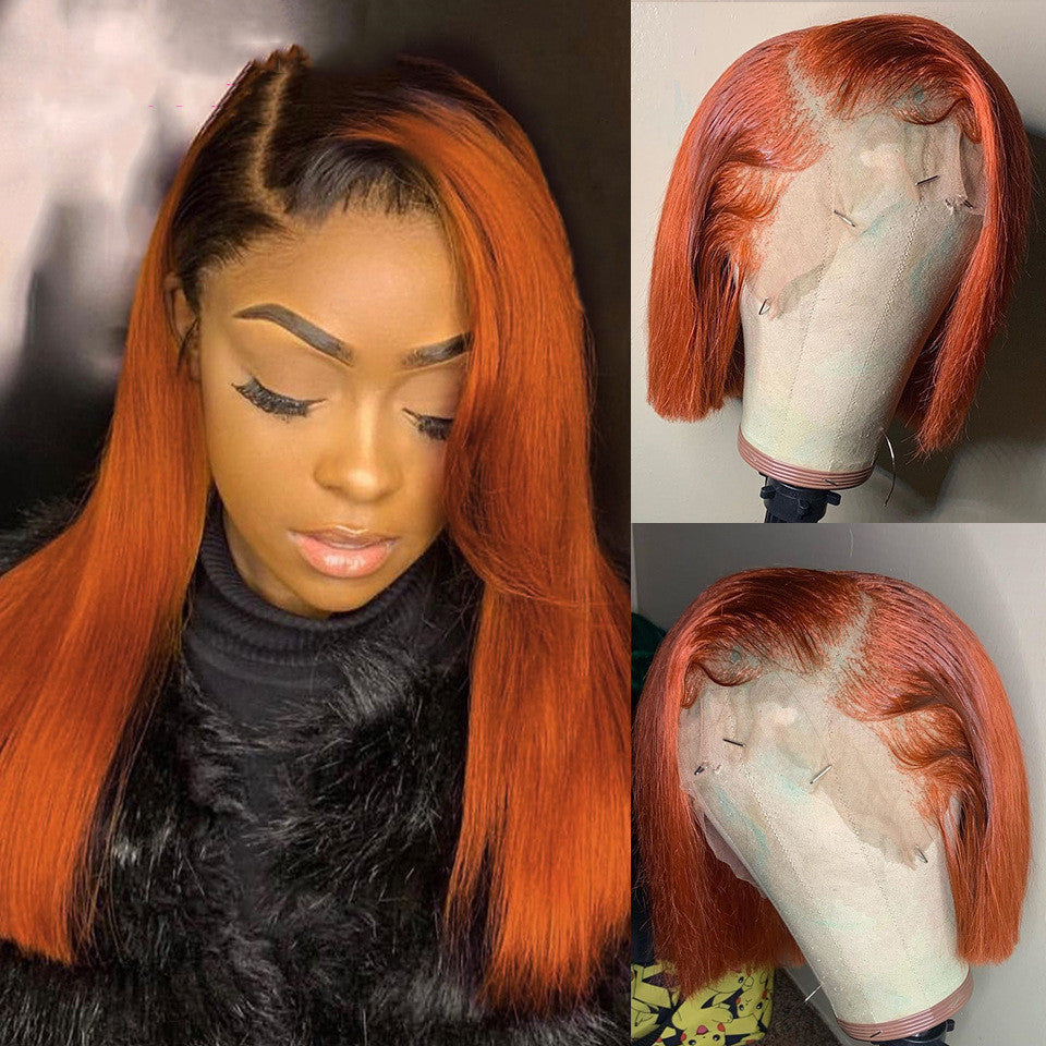 Peluca de cabello humano con degradado, color naranja, con encaje frontal y corte bob corto.