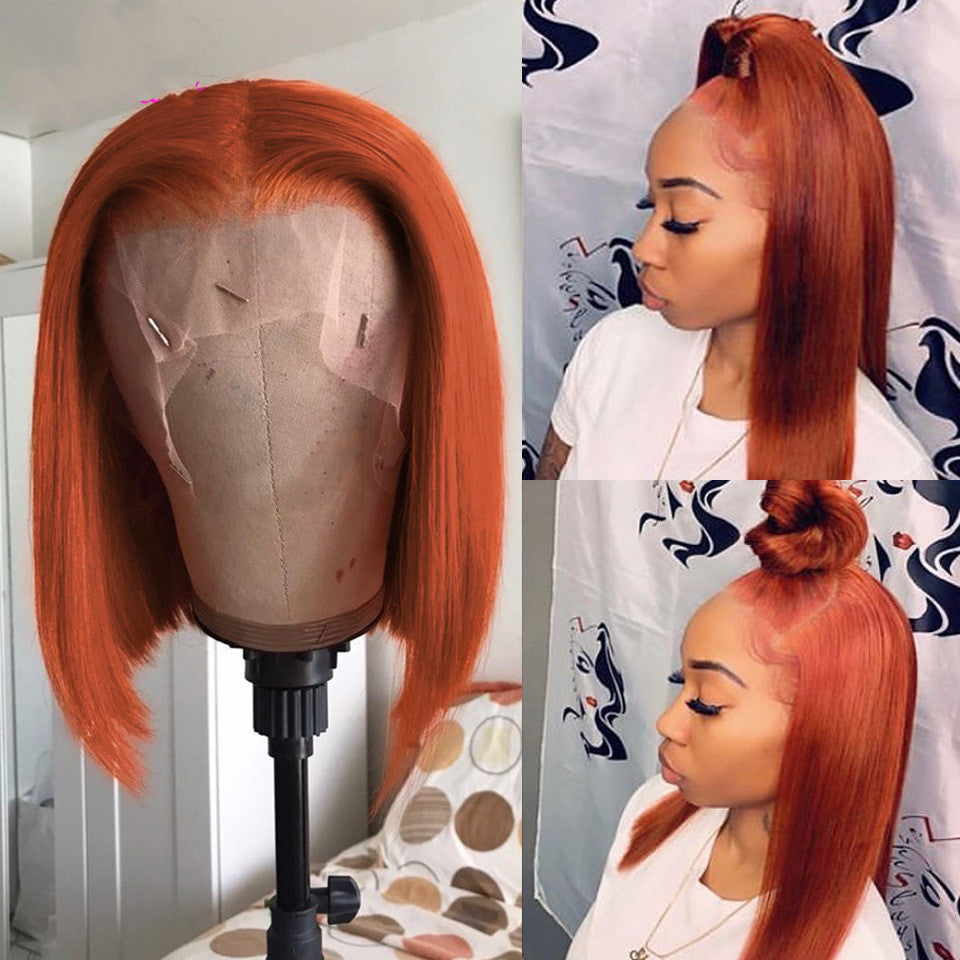 Peluca de cabello humano con degradado, color naranja, con encaje frontal y corte bob corto.