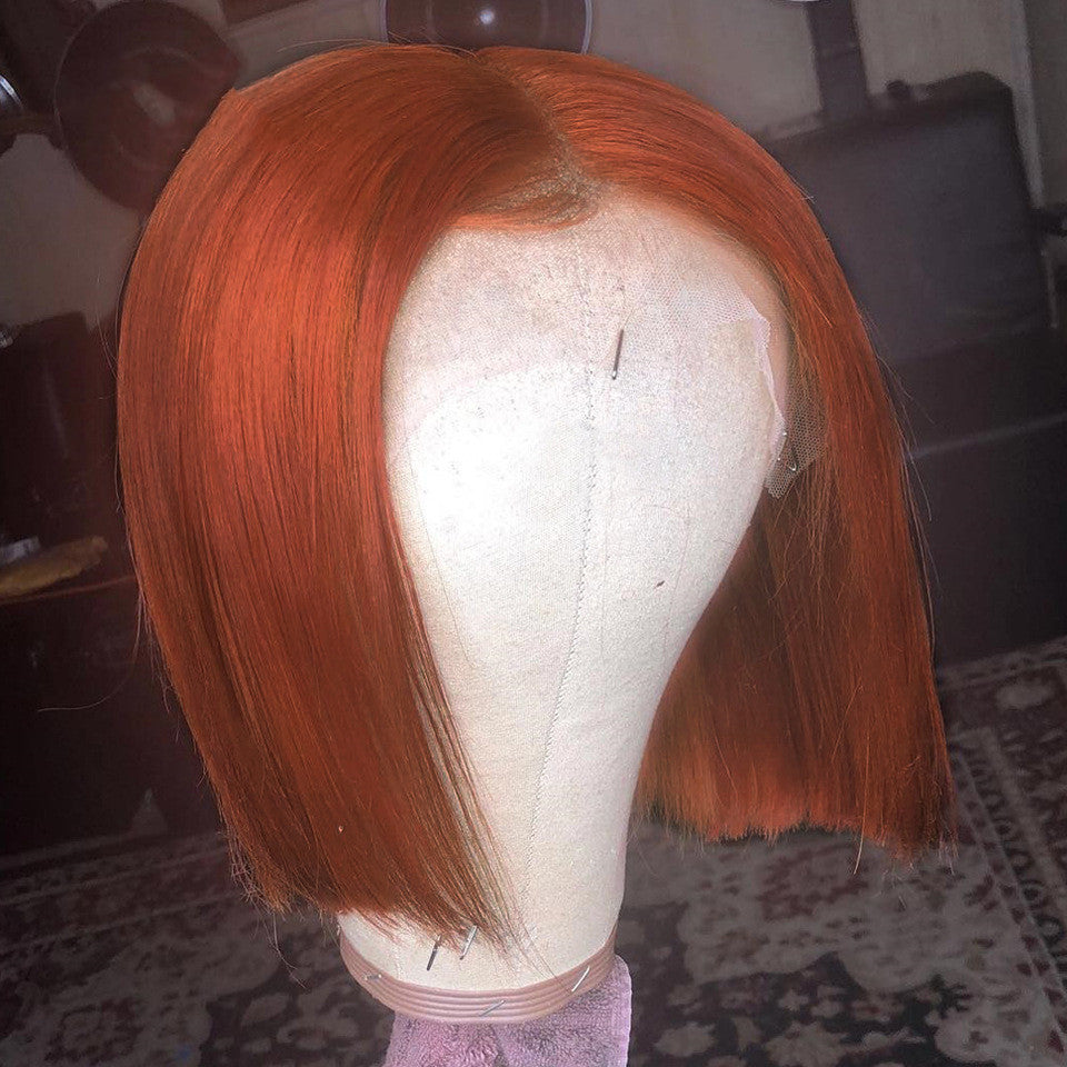 Peluca de cabello humano con degradado, color naranja, con encaje frontal y corte bob corto.