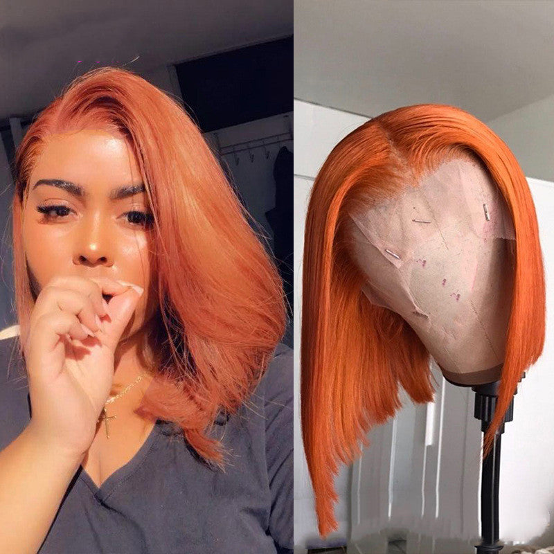 Peluca de cabello humano con degradado, color naranja, con encaje frontal y corte bob corto.