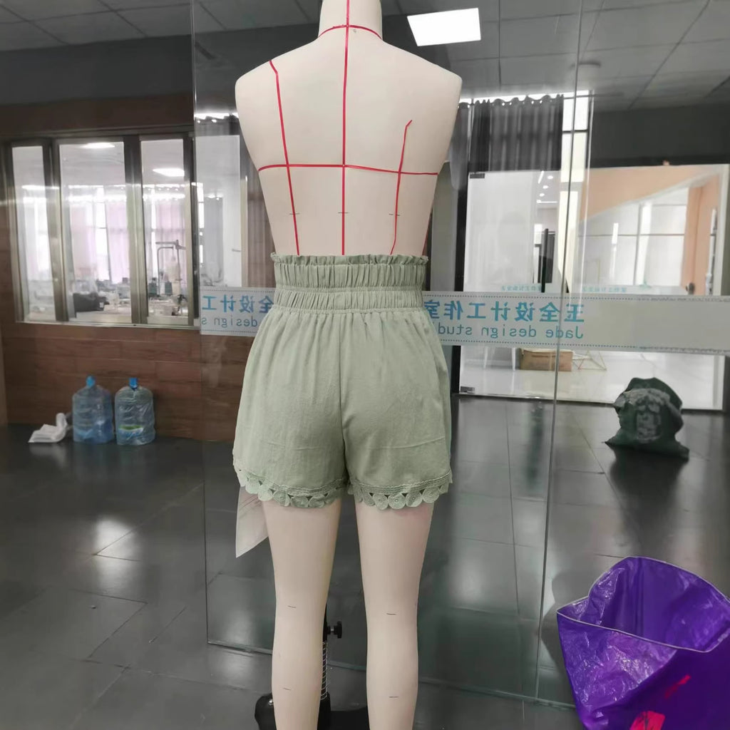 Lace-trimmed, Casual, Loose-fitting High-waist Ruched Drawstring Shorts For The Beach