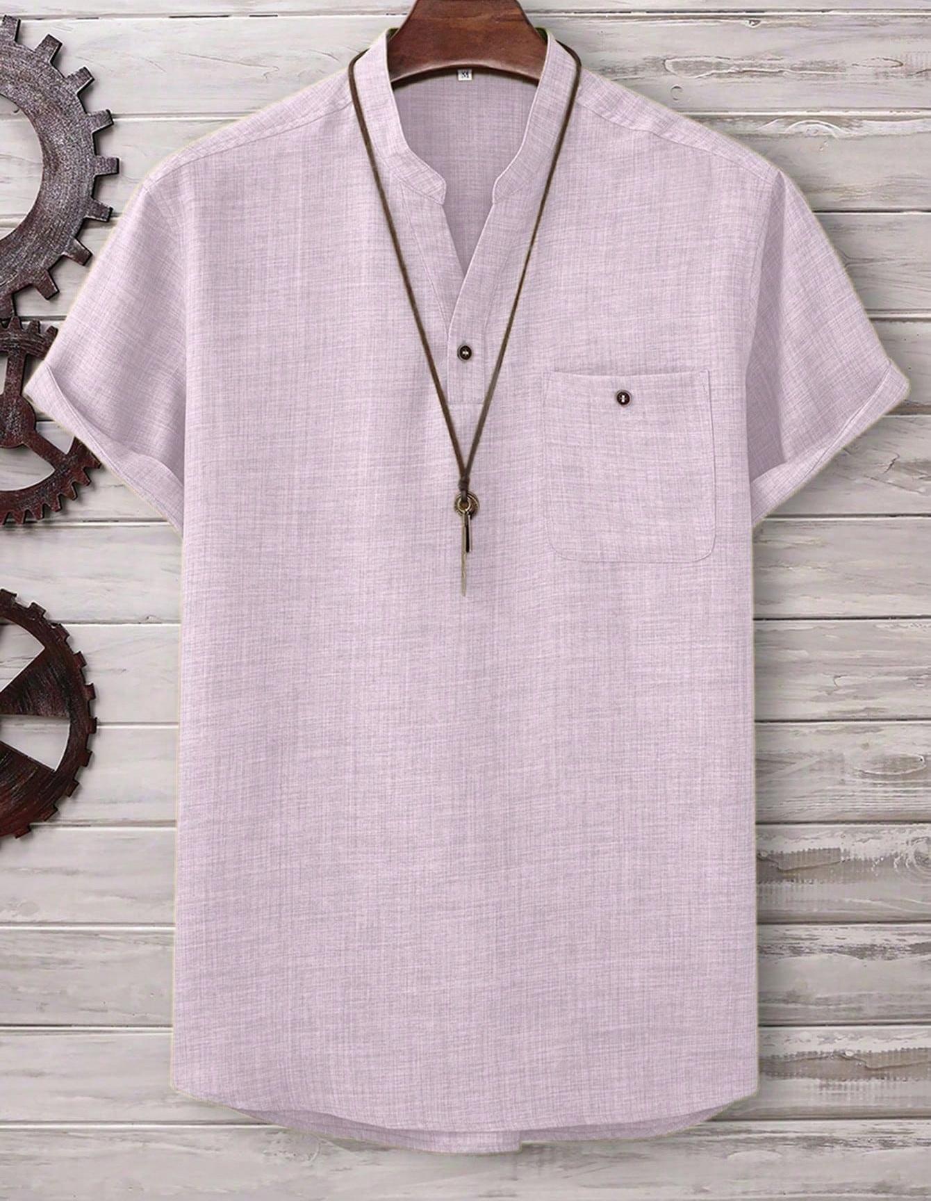 Mens Casual Short-sleeve Solid-color Shirt With A Turn-down Collar