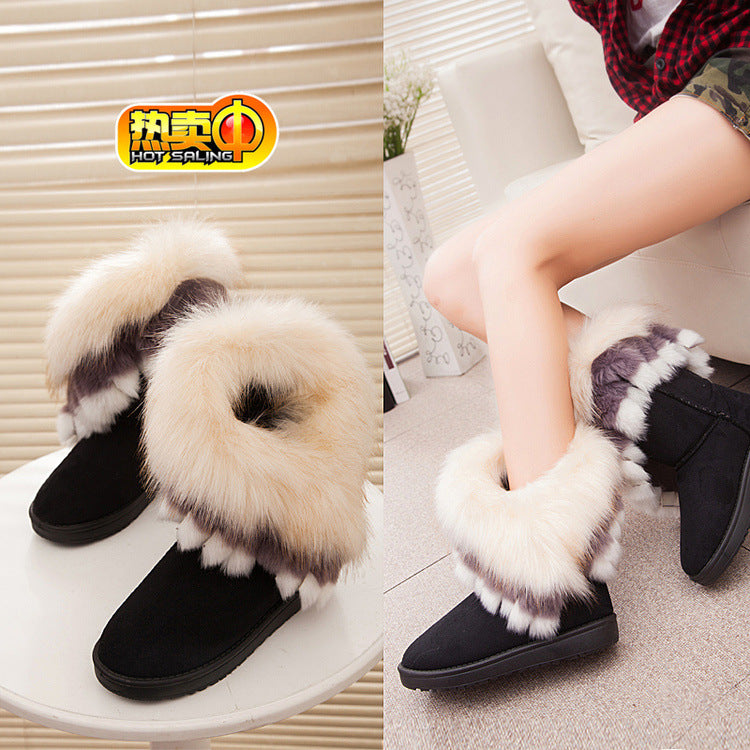 Botas de nieve de piel de zorro de gran tamaño con suela gruesa y antideslizantes, con borlas de piel de conejo, para mujer