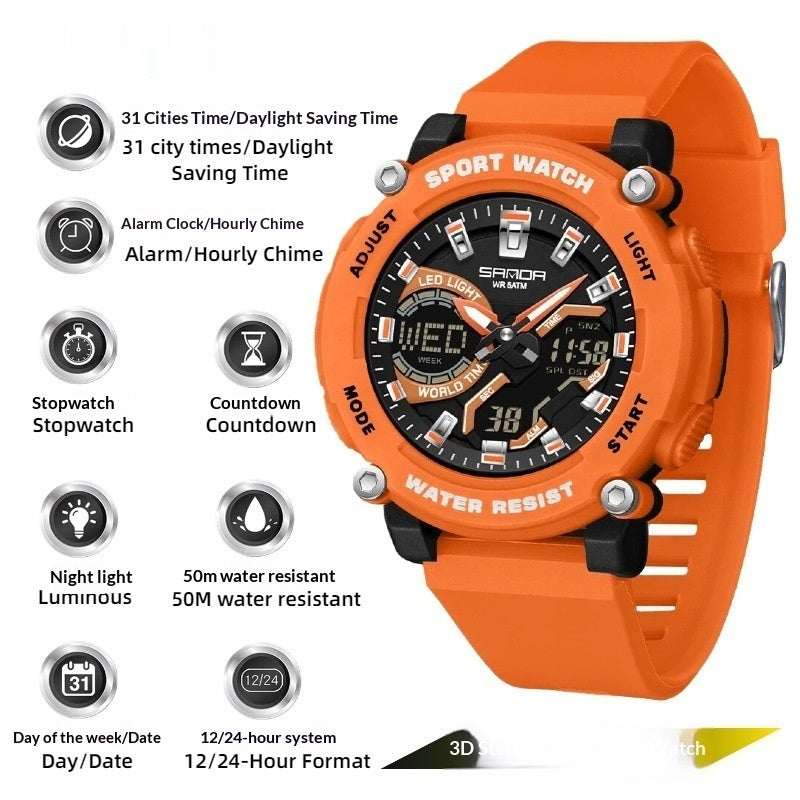 Reloj cronógrafo luminoso de doble pantalla para estudiantes, ideal para senderismo.
