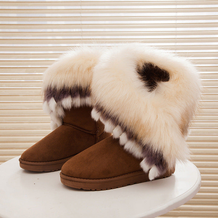 Botas de nieve de piel de zorro de gran tamaño con suela gruesa y antideslizantes, con borlas de piel de conejo, para mujer