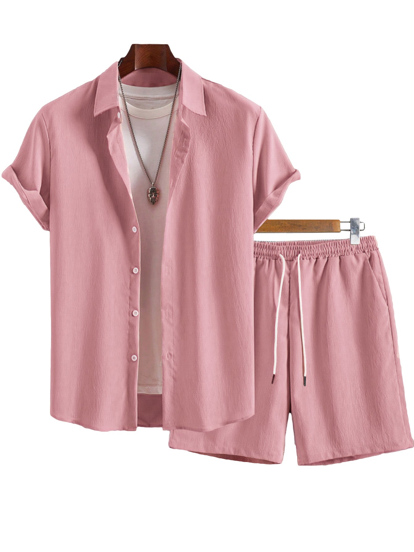 Men's Solid Color Lapel Short-Sleeve Shirt And Shorts Set