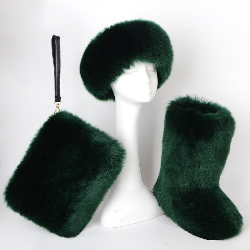 Botas de piel de terciopelo acolchadas de talla grande con imitación de piel de zorro, botas de nieve para mujer, conjunto de tres piezas