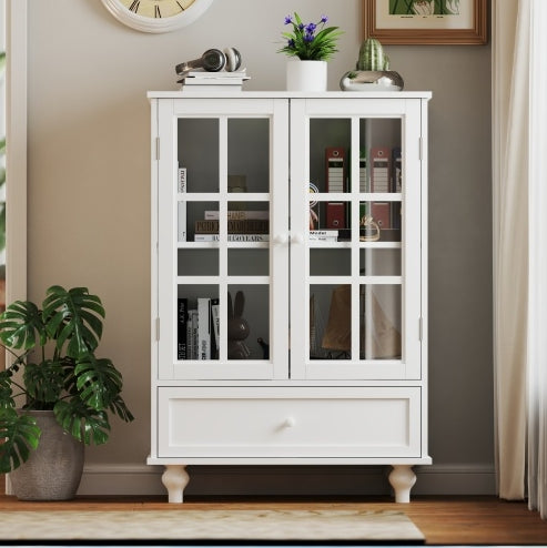 Aparador minimalista blanco con puertas de doble cristal y cajón, moderno aparador de madera para sala de estar, comedor, pasillo y entrada.